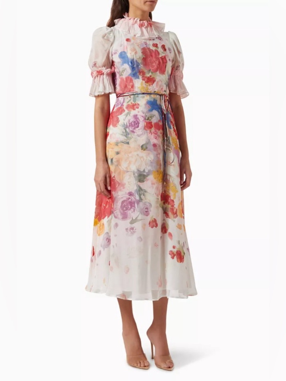 Leo Lin Joanna Silk-blend Painterly Garden Floral Print BeltedMidi Dress AU8/US4